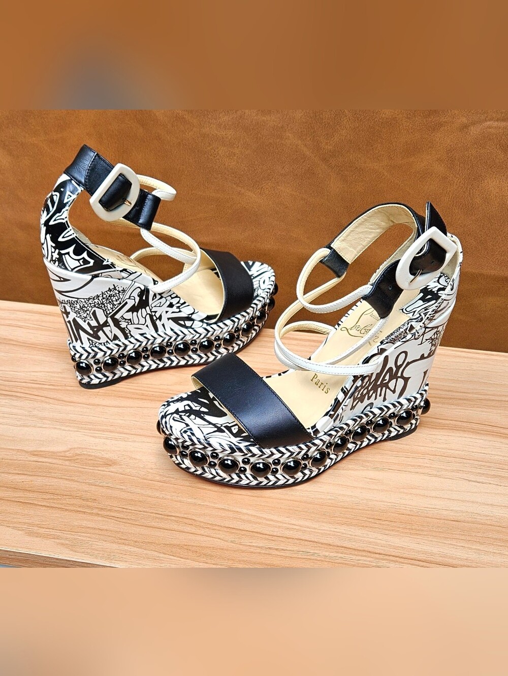 Christian Louboutin Black & White Graffiti Wedge Buckle Sandals Size 5 US